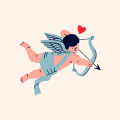 Cupid or cherub with bow and arrow. Cute flying character. Hand drawn trendy Vector illustration. Isolated design element. Valentine's Day, romantic holiday concept. Logo, icon, print template - 764789442