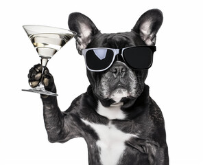 drunk dog drinking a cocktail, french bulldog with black sunglasses