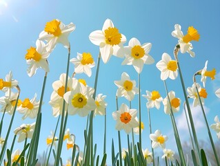 Spring daffodils white and yellow colors on soft blue background, bottom view, retro style, vintage, nostalgic.