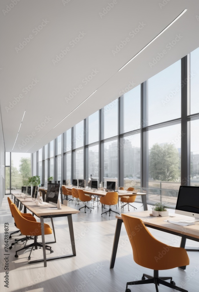 Poster a spacious and bright modern office space with rows of desks and orange chairs. large windows offer 