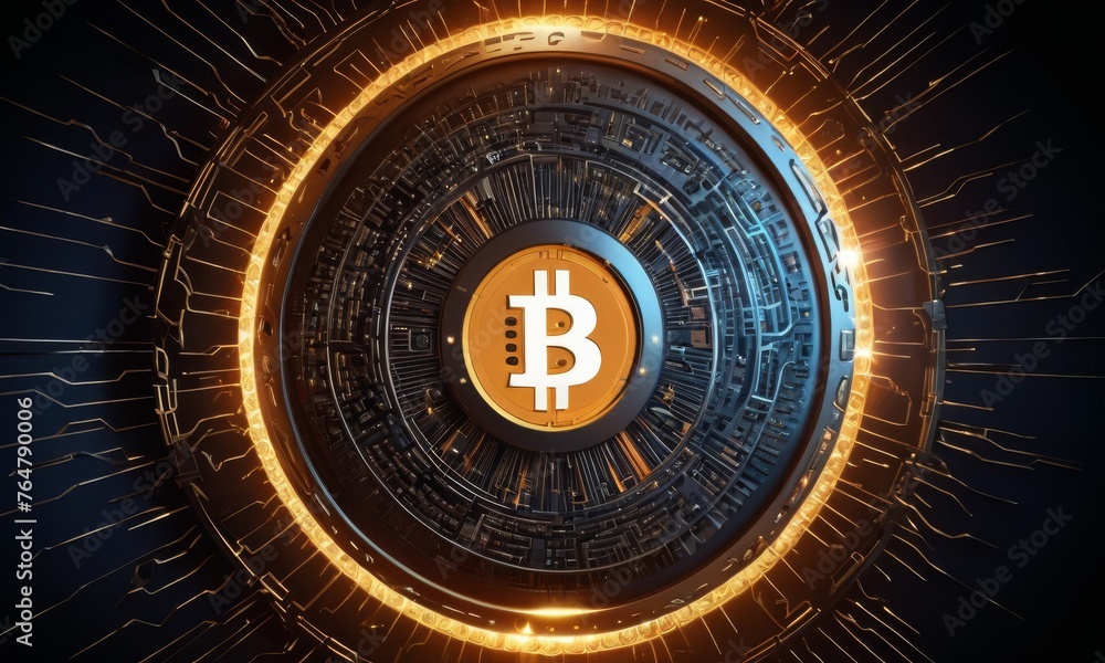 Poster a radiant bitcoin symbol centers within a digital portal of glowing circuits. this image symbolizes 