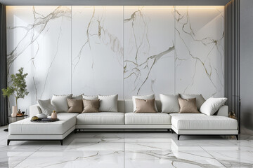 Minimalist living room interior design, white sofa against marble wall background