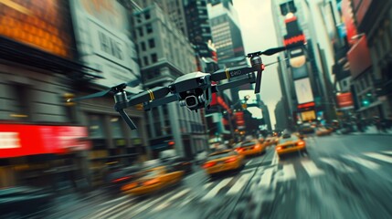 Drone in bustling city street, with tall buildings lining either side. Pedestrians can be seen walking along the sidewalks, while cars drive down the road.