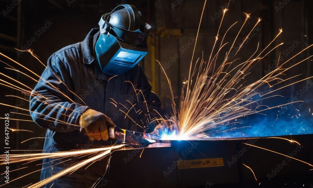 Poster a welder, clad in a dark uniform, is surrounded by a cascade of sparks while working at a workbench.