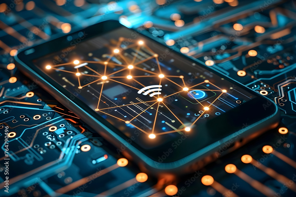 Poster mobile smart phone and wireless connection network icon on microchip background, high speed internet