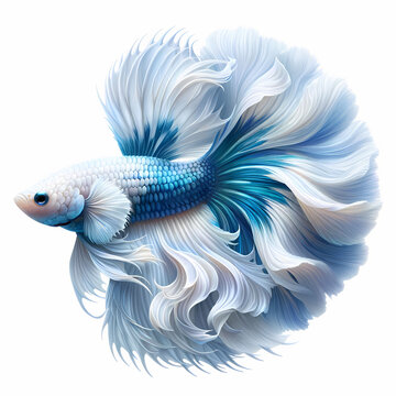 A  full-body image of a Veiltail Betta fish, adorned with a stunning White and Blue pattern. The fish should be meticulous.