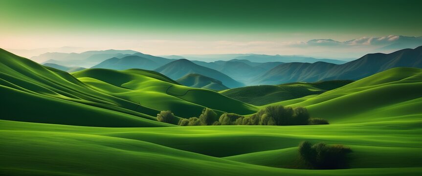 Abstract green landscape wallpaper background illustration design with hills and mountains, generative ai, generative, ai