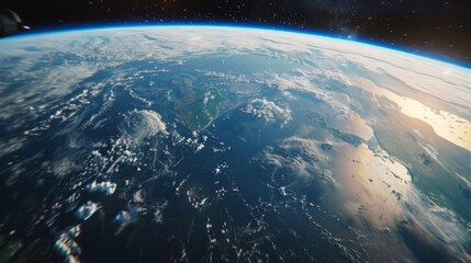 This dynamic shot captures a photo-realistic view of Earth from space. The image showcases the...
