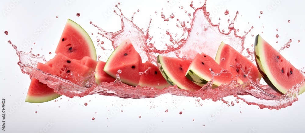 Poster slices of refreshing watermelon are being splashed with water, creating droplets on a clean white su