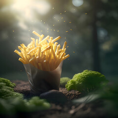 French fries in a paper bag on the background of the forest.