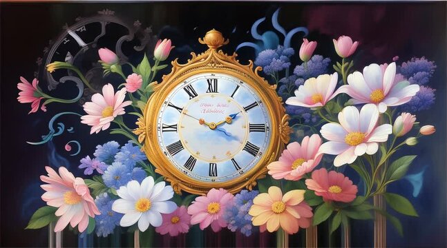 Antique clock where each hour is marked by a different phase of flower bloom, timeless beauty