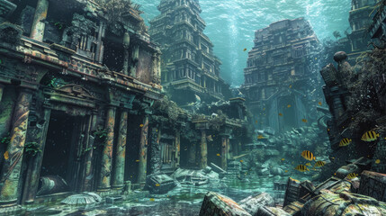 Underwater city featuring a plethora of ancient ruins and structures below the surface of the water