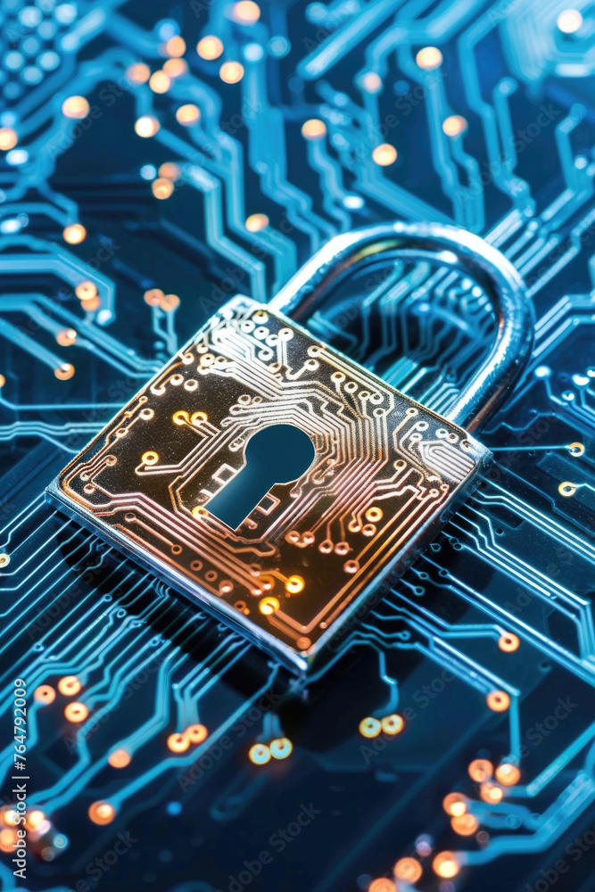 Poster a padlock securely rests on top of a complex circuit board, symbolizing digital security and protect