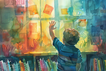 A painting of a young child standing on tiptoes and reaching up to a tall bookshelf filled with colorful books