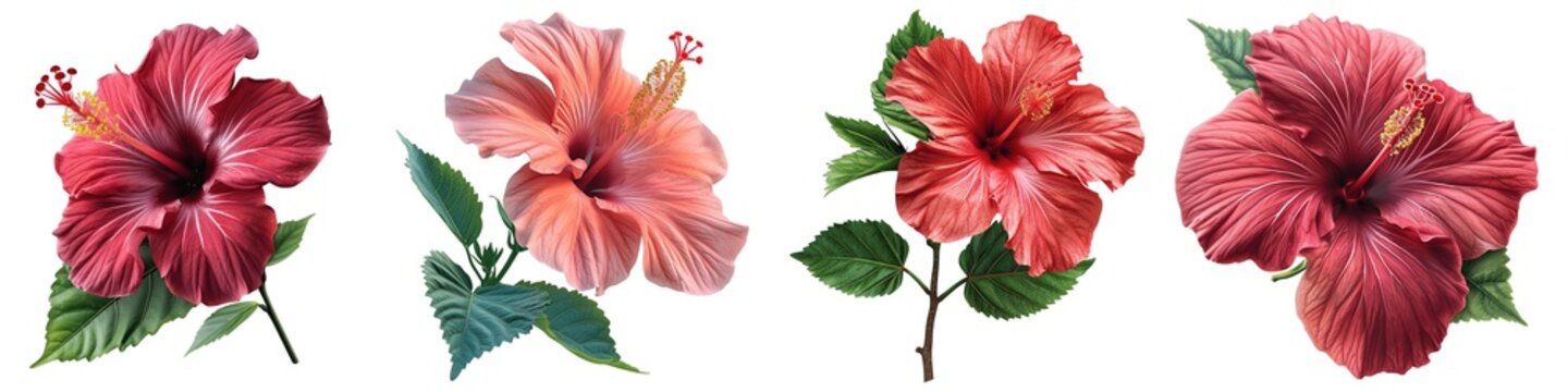 Set of red hibiscus flowers isolated on transparent background