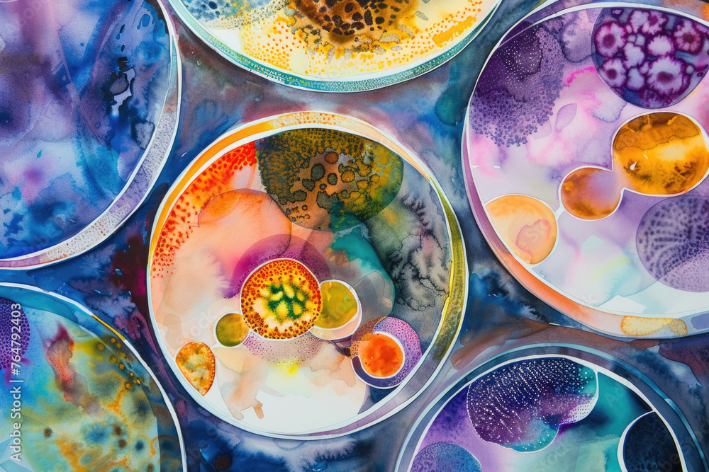 Poster assorted colorful plates neatly arranged on a wooden table, creating a vibrant and inviting display