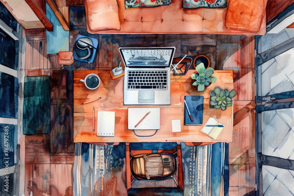 Poster a realistic painting of a computer desk with a laptop placed on it, showcasing a modern work or stud