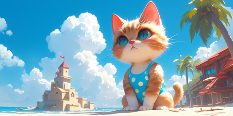 Fluffy cat in a polka dot swimsuit with a sandcastle late afternoon light front view playful scenario 3D style