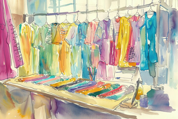 A watercolor painting depicting various clothes hanging on a rack, showcasing different colors and textures in a vibrant and detailed manner