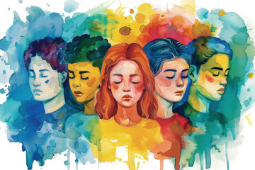 A diverse group of individuals with their faces painted in an array of vibrant colors, showcasing unity and creativity