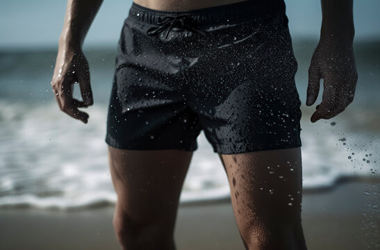 a person in black shorts, wet with water droplets, standing near the ocean shore under bright sunlight