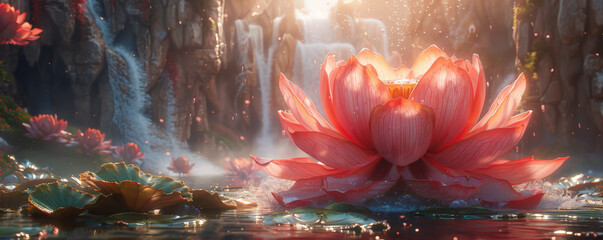 A temple hidden within a single, giant lotus flower, blooming once every thousand years, hyper realistic - obrazy, fototapety, plakaty