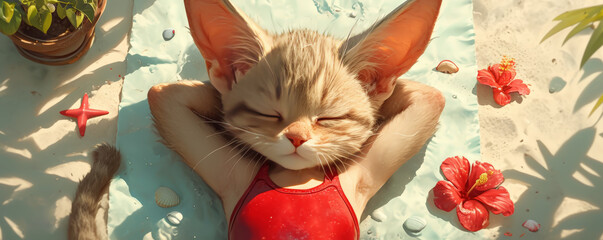 Cat in a red swimsuit sunbathing on a beach towel soft shadows high-angle view relaxed atmosphere hyper realistic