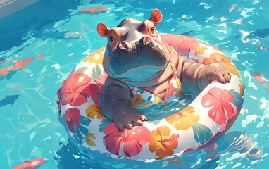 Charming hippo in a floral swimsuit with a floaty, gentle ripples in the pool, high-angle view, serene vibe, hyper realistic