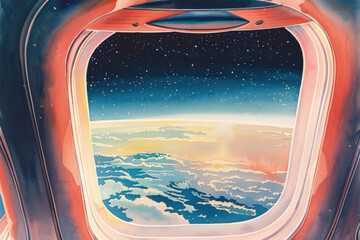 View of Earth through an airplane window showing landmasses, oceans, and clouds from high altitude - obrazy, fototapety, plakaty