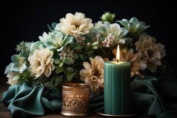 Relaxing mood composition with burning candles and flowers