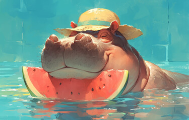 Delightful hippo in a sunhat and swimsuit with a watermelon slice, poolside, eye-level shot, summer bliss, hyper realistic