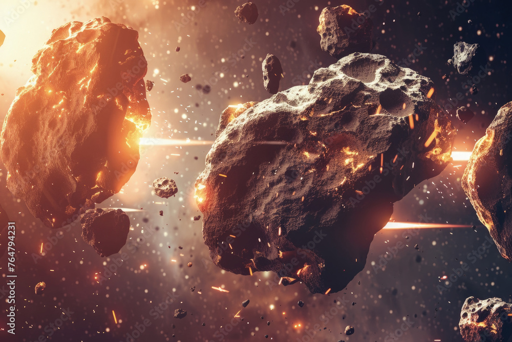 Poster rocks in space with fire erupting from them, creating a dramatic and intense scene