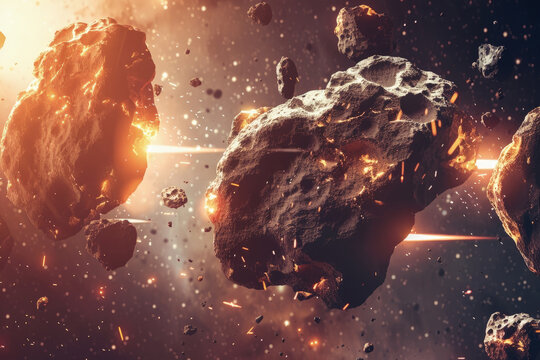 Rocks in space with fire erupting from them, creating a dramatic and intense scene
