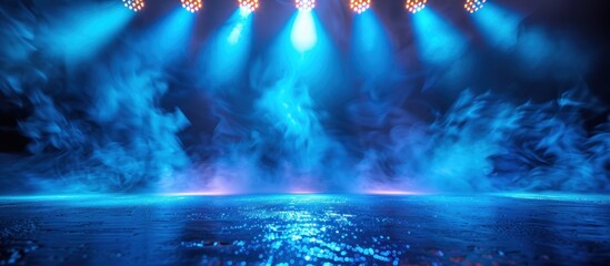 Fototapeta na wymiar Spotlights illuminate empty stage blue background