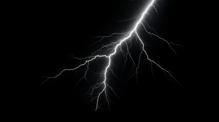 Éclair blanc et lumineux sur un fond noir uni. Tonnerre, orage, foudre. Météo, ciel, électrique. Fond pour conception et création graphique.