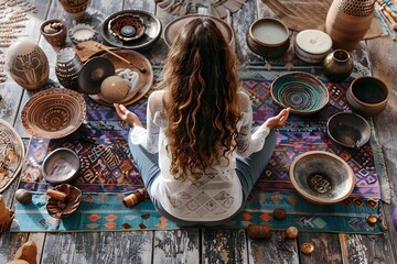 Woman practicing sound healing therapy in a yoga session using music to enhance relaxation and wellbeing. Concept Yoga Therapy, Sound Healing, Music Therapy, Relaxation Techniques - obrazy, fototapety, plakaty