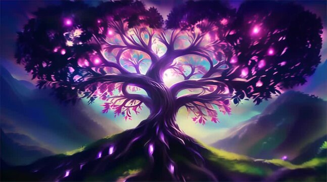 An ancient tree with roots and branches forming hearts and tears illustrating the growth and pain intertwined in the journey of love