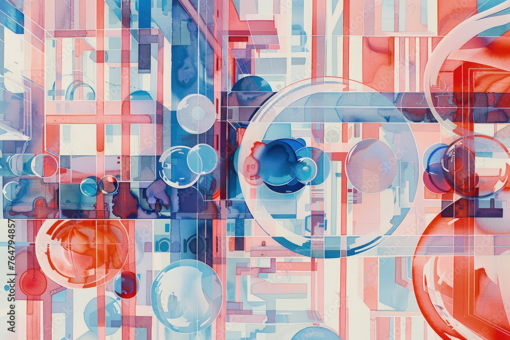 Poster abstract painting featuring a mix of colorful circles and bold lines creating a dynamic and energeti