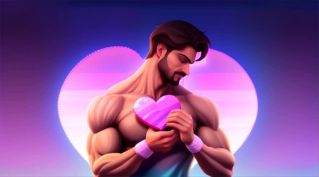 Muscle man embrace a purple heart, representing love from bisexual man