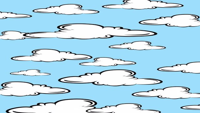 Cloudy sky animation. Animated Cartoon Clouds timelapse in blue sky vertical background. Natural clouds landscape illustration. Hand Drawn Clouds background. Animated clouds background template.