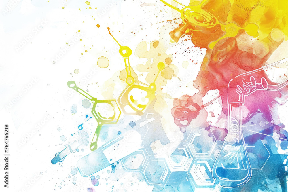 Poster an abstract fusion of vibrant paint splashes and graphic molecular structures in a dynamic compositi