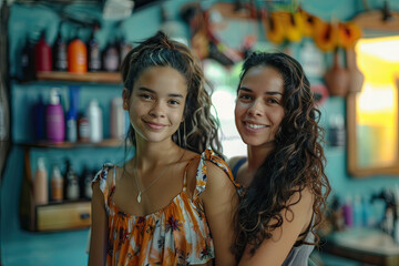Latin teenage girl and mother at hair salon looking at camera. Generative AI.