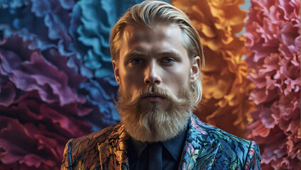 Portrait of a blond man with a beard and mustache on a multi-colored background.