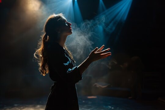 A woman standing on stage, smoke billowing from her hands, during a performance