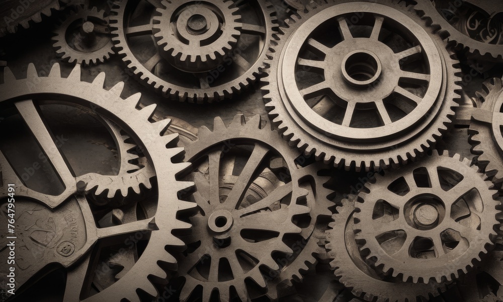 Aufkleber sepia tones enhance the visual depth of this assortment of metallic gears, showcasing various sizes 