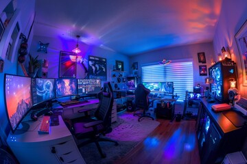 Panoramic shot of a gamers high-tech setup at home, featuring multiple monitors, gaming peripherals, and memorabilia reflecting the gaming lifestyle