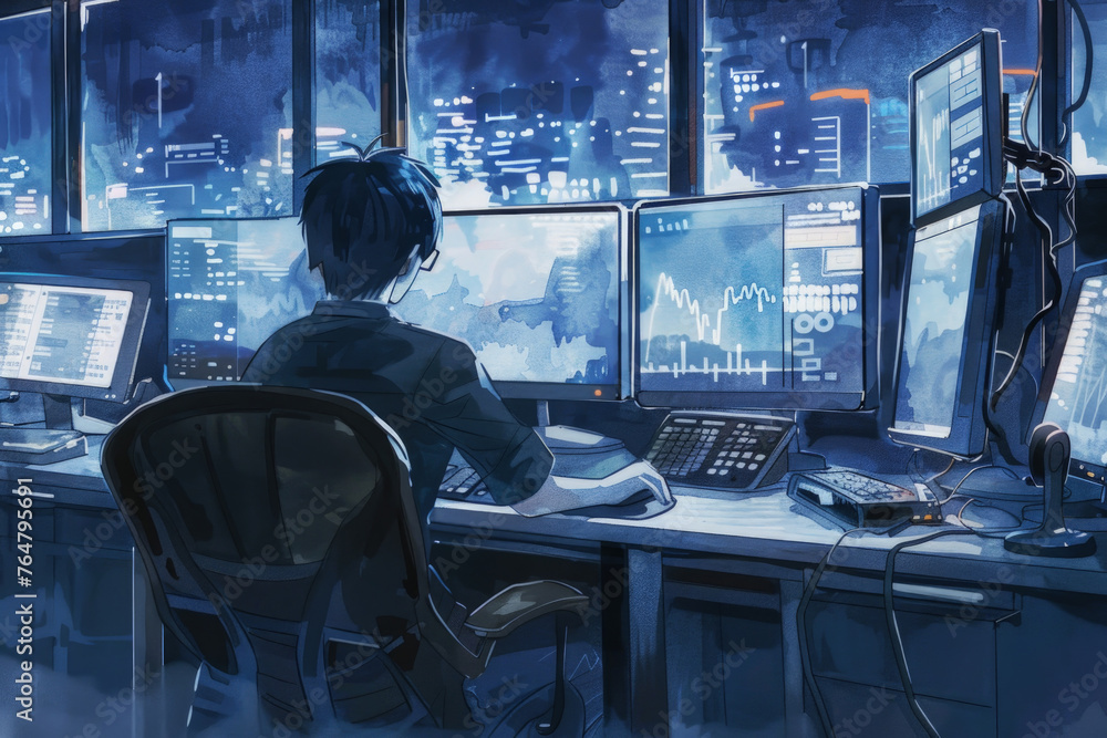 Poster a person is sitting at a desk, surrounded by multiple monitors displaying various screens