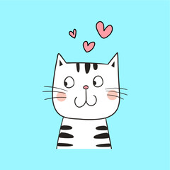 Cartoon Black And White Striped Cat With Simple Heart Decoration
