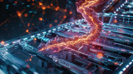 A close-up view of a circuit board channeling a vibrant energy pulse through its pathways