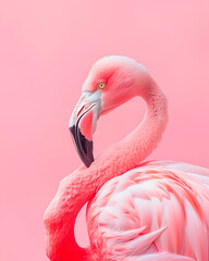 studio portrait of a pink flamingo on a soft flat background.